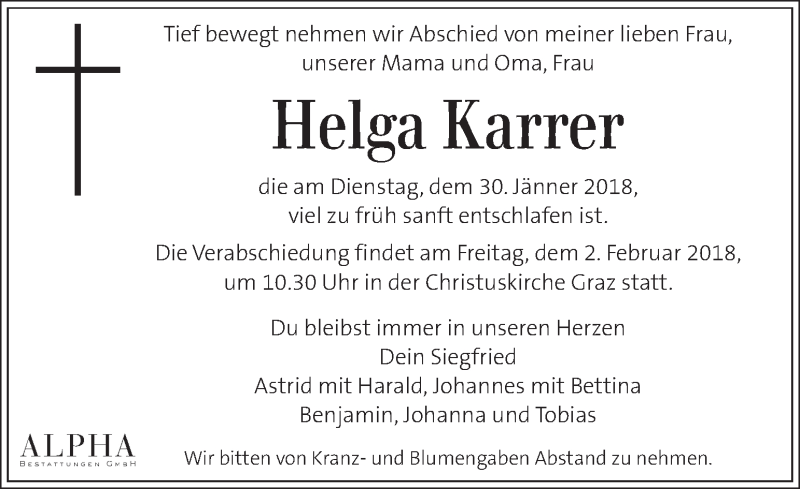 Traueranzeige für Helga Karrer vom 01.02.2018 aus Kleine Zeitung