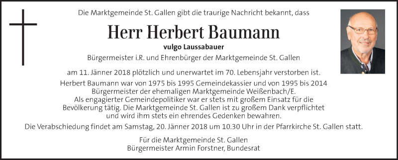  Traueranzeige für Herbert Baumann vom 14.01.2018 aus Kleine Zeitung
