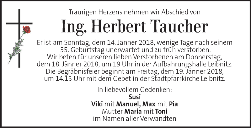  Traueranzeige für Herbert Taucher vom 16.01.2018 aus Kleine Zeitung