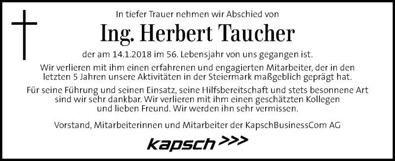  Traueranzeige für Herbert Taucher vom 17.01.2018 aus Kleine Zeitung