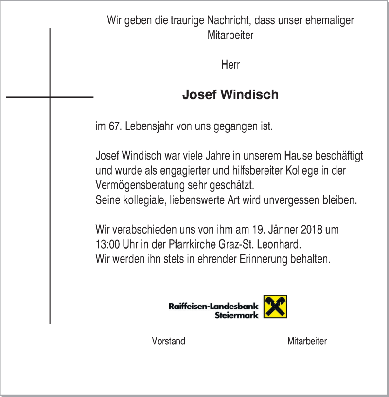  Traueranzeige für Josef Windisch vom 18.01.2018 aus Kleine Zeitung