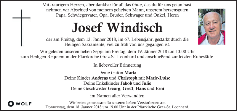  Traueranzeige für Josef Windisch vom 17.01.2018 aus Kleine Zeitung