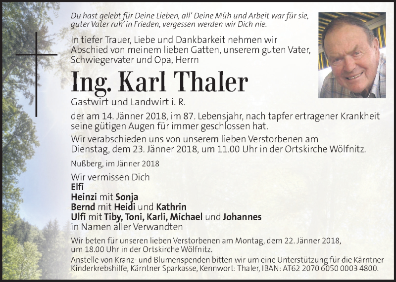  Traueranzeige für Karl Thaler  vom 20.01.2018 aus Kleine Zeitung