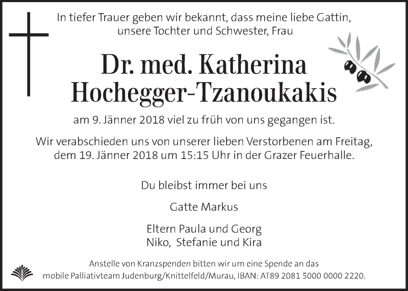  Traueranzeige für Katherina Hochegger-Tzanoukakis vom 12.01.2018 aus Kleine Zeitung
