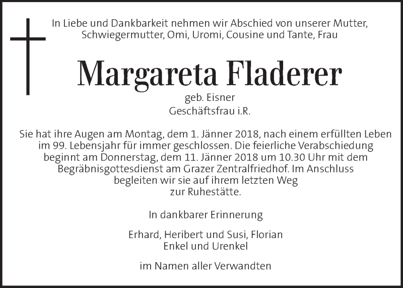 Traueranzeige für Margareta Fladerer vom 06.01.2018 aus Kleine Zeitung