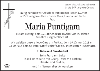 Traueranzeige von Maria Puntigam von Kleine Zeitung