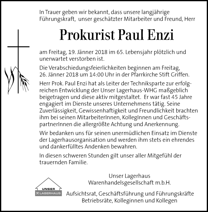  Traueranzeige für Paul Enzi vom 24.01.2018 aus Kleine Zeitung
