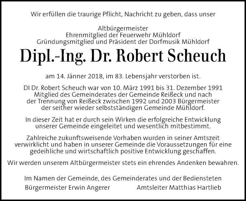  Traueranzeige für Robert Scheuch vom 17.01.2018 aus Kleine Zeitung