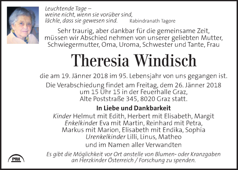  Traueranzeige für Theresia Windisch vom 24.01.2018 aus Kleine Zeitung