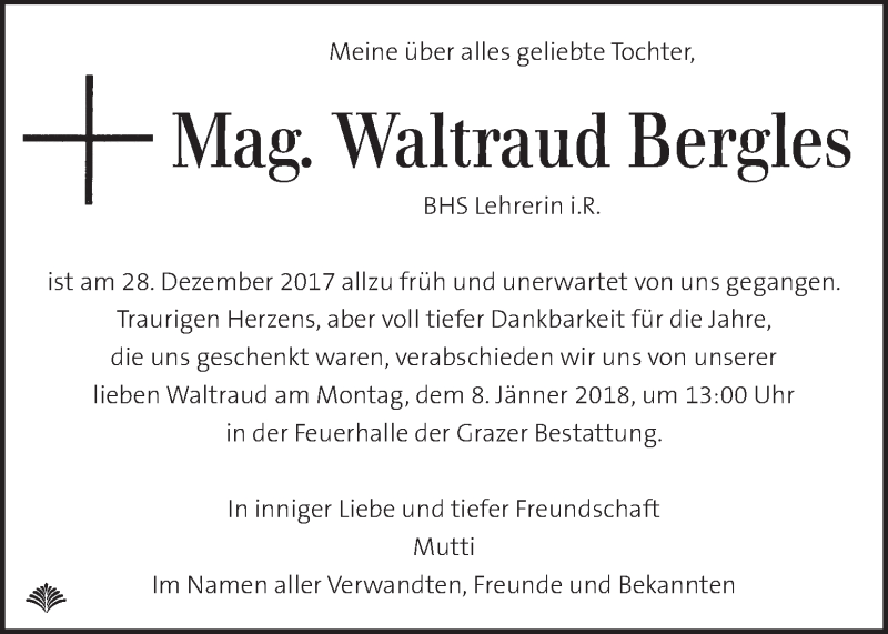  Traueranzeige für Waltraud Bergles vom 03.01.2018 aus Kleine Zeitung