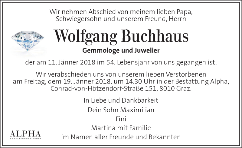  Traueranzeige für Wolfgang Buchhaus vom 18.01.2018 aus Kleine Zeitung