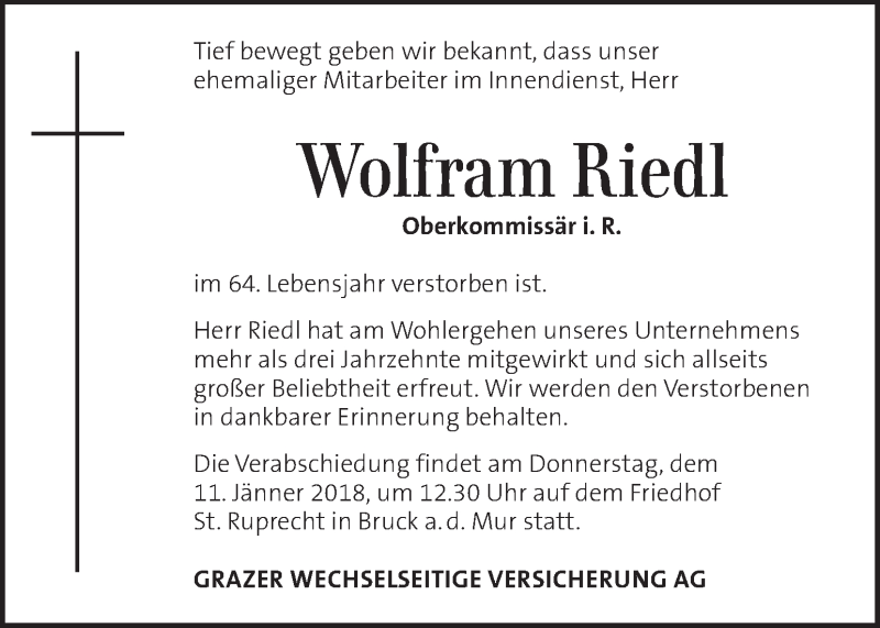  Traueranzeige für Wolfram Riedl vom 11.01.2018 aus Kleine Zeitung