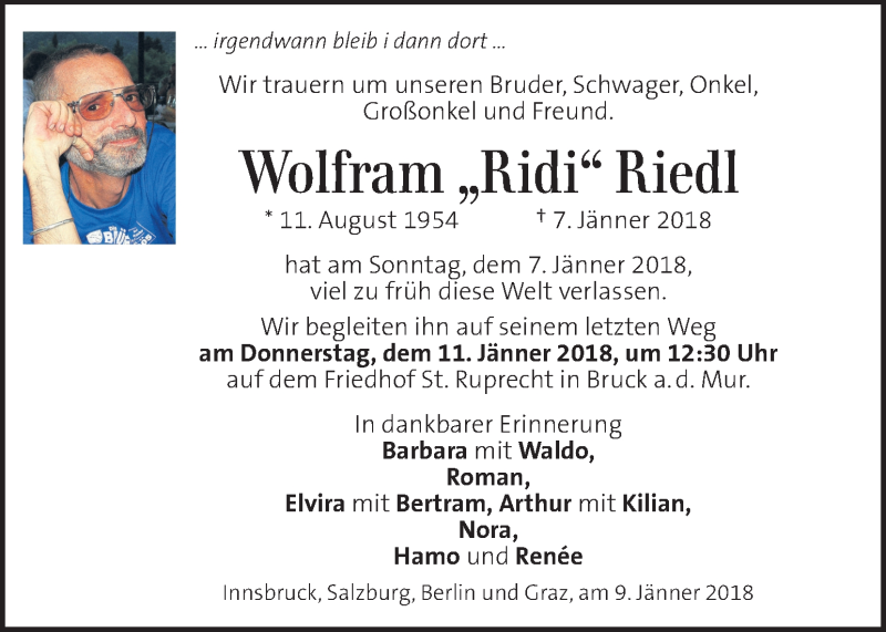  Traueranzeige für Wolfram Riedl vom 10.01.2018 aus Kleine Zeitung