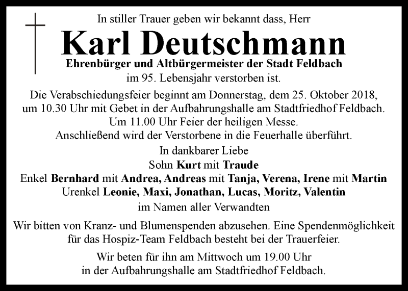  Traueranzeige für Karl Deutschmann vom 23.10.2018 aus Kleine Zeitung