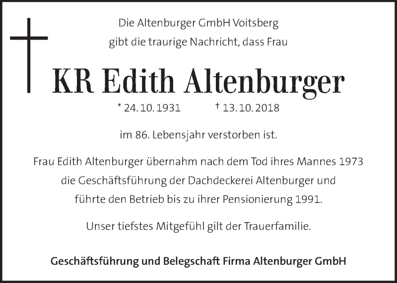 Traueranzeige für Edith Altenburger vom 17.10.2018 aus Kleine Zeitung