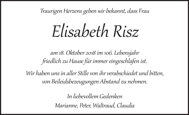  Traueranzeige für Elisabeth Risz vom 24.10.2018 aus Kleine Zeitung