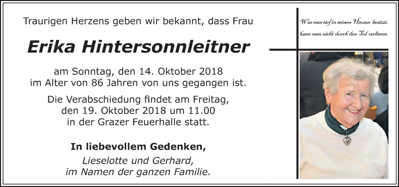  Traueranzeige für Erika Hintersonnleitner vom 18.10.2018 aus Kleine Zeitung