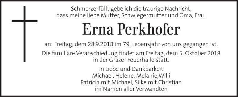  Traueranzeige für Erna Perkhofer vom 03.10.2018 aus Kleine Zeitung
