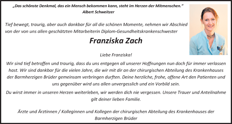  Traueranzeige für Franziska Zach vom 13.10.2018 aus Kleine Zeitung