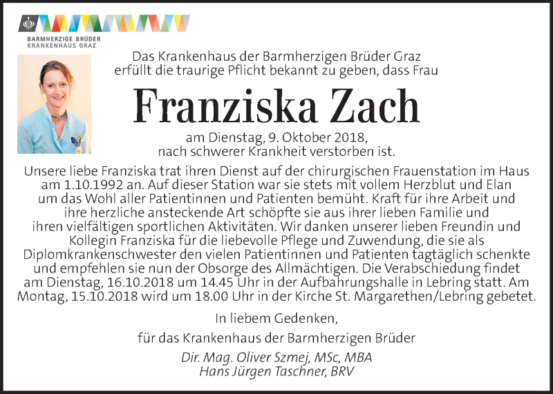  Traueranzeige für Franziska Zach vom 12.10.2018 aus Kleine Zeitung