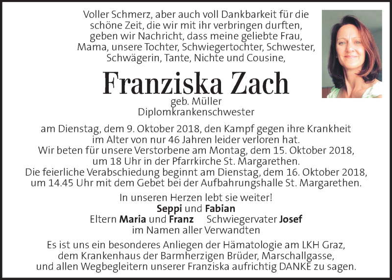  Traueranzeige für Franziska Zach vom 14.10.2018 aus Kleine Zeitung
