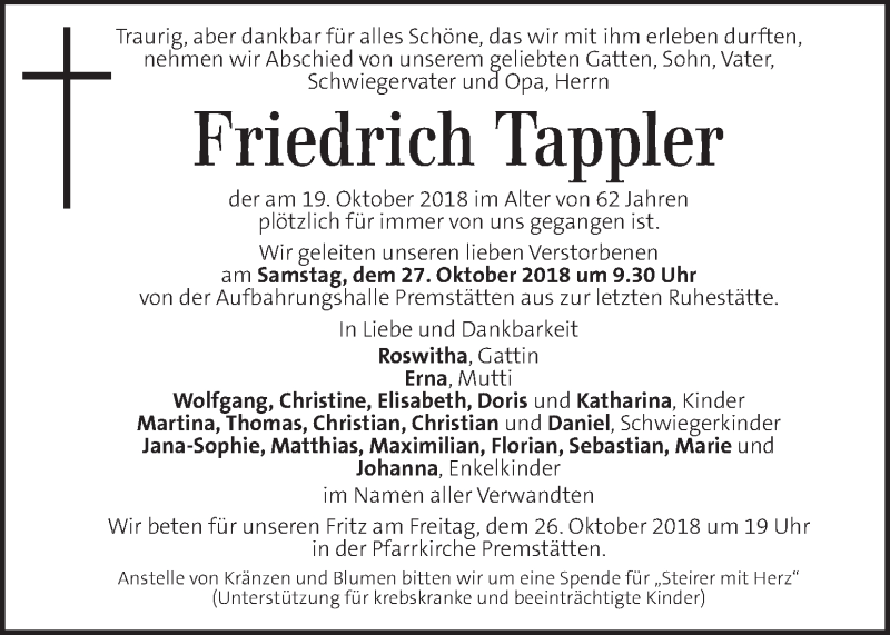  Traueranzeige für Friedrich Tappler vom 25.10.2018 aus Kleine Zeitung