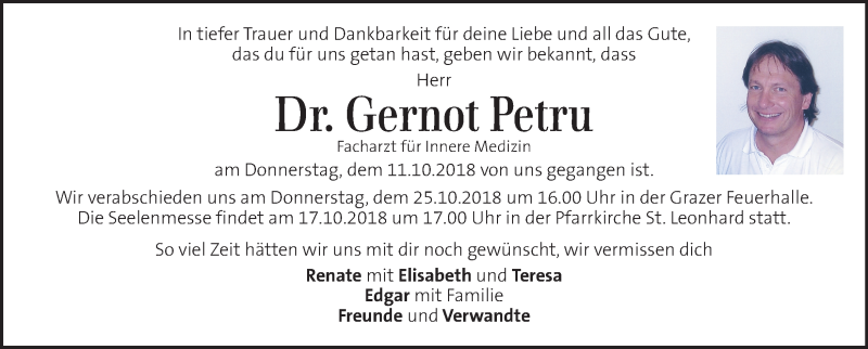  Traueranzeige für Gernot Petru vom 14.10.2018 aus Kleine Zeitung