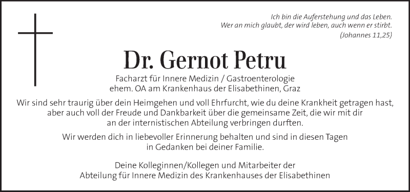  Traueranzeige für Gernot Petru vom 17.10.2018 aus Kleine Zeitung
