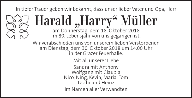  Traueranzeige für Harald Müller vom 24.10.2018 aus Kleine Zeitung