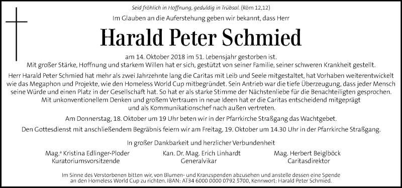  Traueranzeige für Harald Peter Schmied vom 17.10.2018 aus Kleine Zeitung