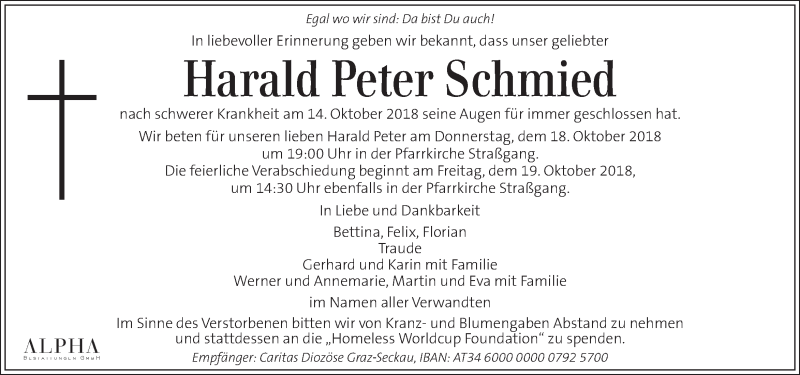  Traueranzeige für Harald Peter Schmied vom 17.10.2018 aus Kleine Zeitung