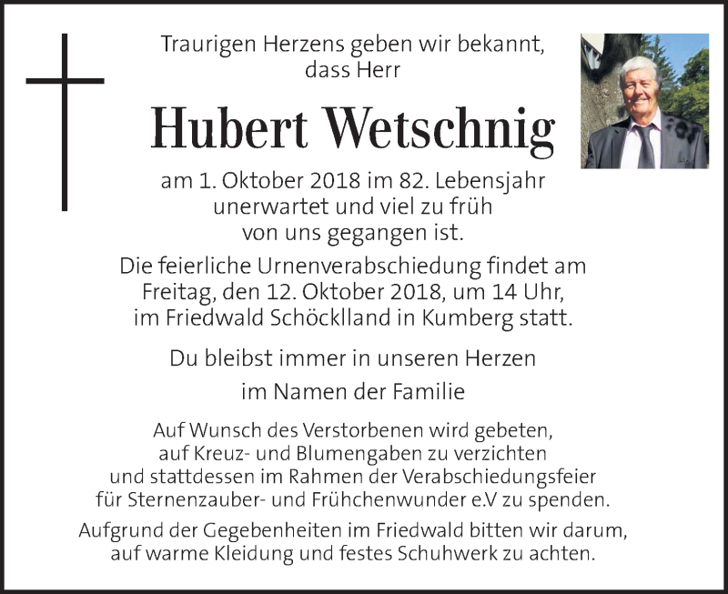  Traueranzeige für Hubert Wetschnig vom 11.10.2018 aus Kleine Zeitung