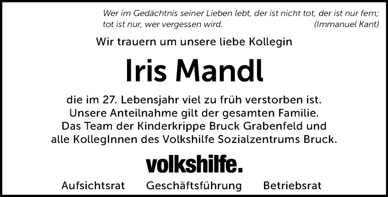  Traueranzeige für Iris Mandl vom 27.10.2018 aus Kleine Zeitung