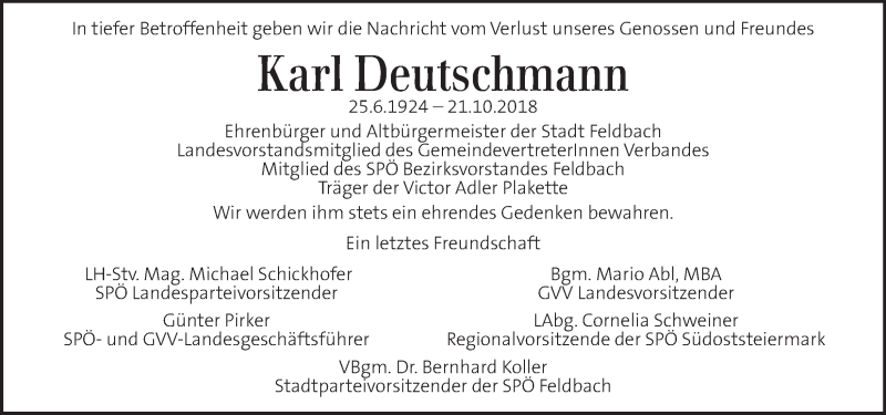  Traueranzeige für Karl Deutschmann vom 24.10.2018 aus Kleine Zeitung