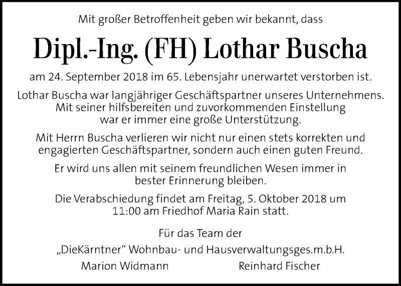  Traueranzeige für Lothar Buscha vom 03.10.2018 aus Kleine Zeitung