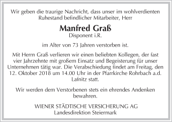 Traueranzeige von Manfred Graß von Kleine Zeitung