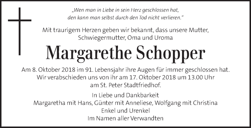  Traueranzeige für Margarethe Schopper vom 14.10.2018 aus Kleine Zeitung