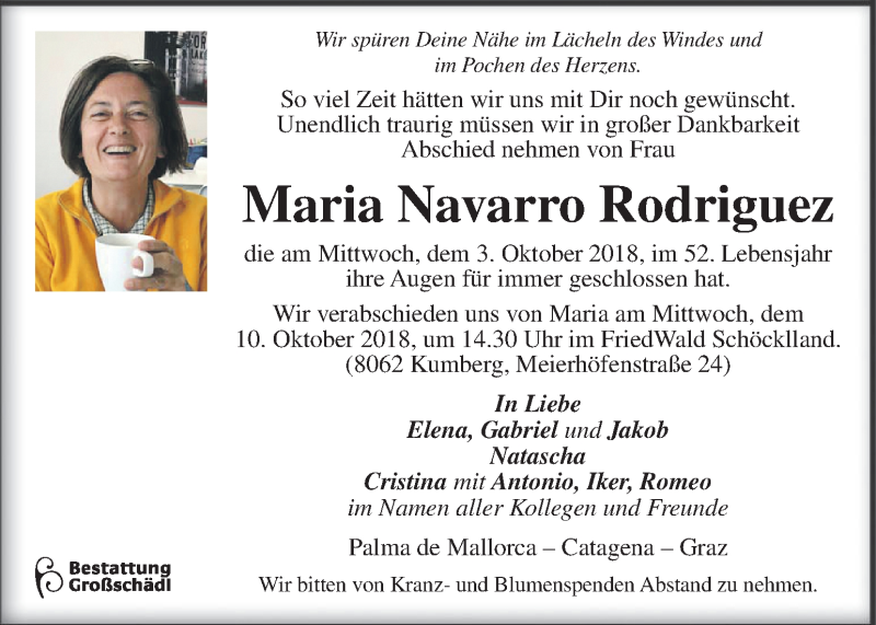  Traueranzeige für Maria Navarro Rodriguez vom 07.10.2018 aus Kleine Zeitung