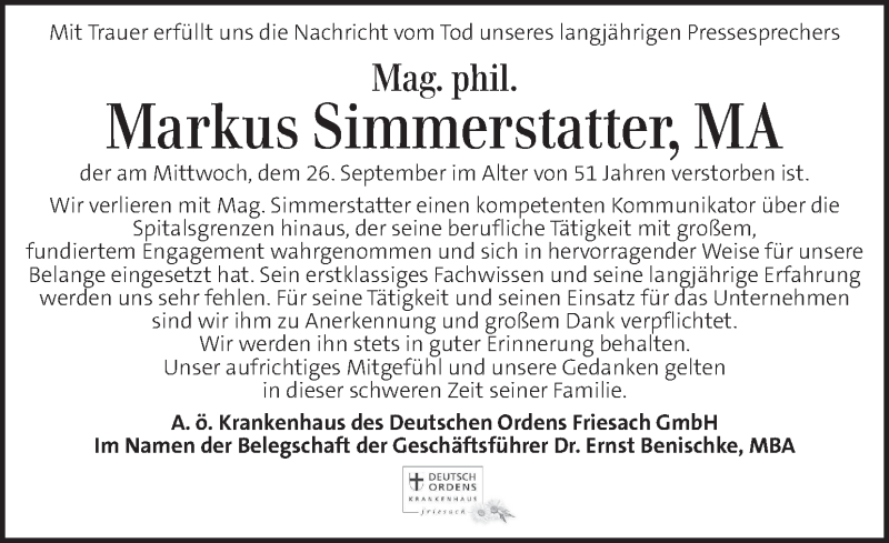  Traueranzeige für Markus Simmerstatter vom 03.10.2018 aus Kleine Zeitung