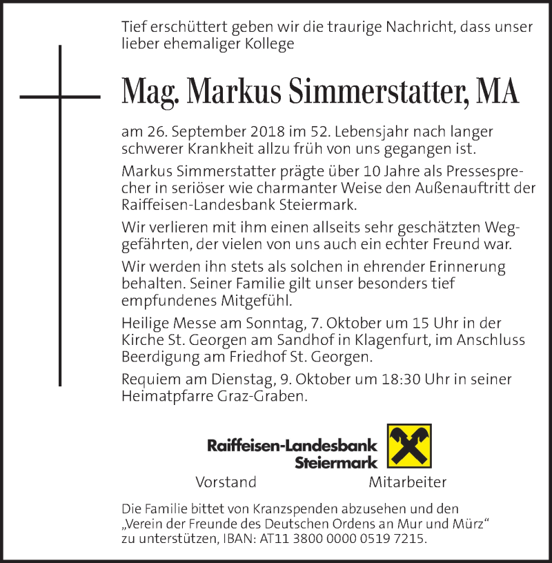  Traueranzeige für Markus Simmerstatter vom 03.10.2018 aus Kleine Zeitung