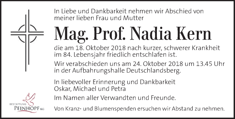  Traueranzeige für Nadia Kern vom 23.10.2018 aus Kleine Zeitung