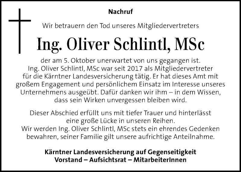  Traueranzeige für Oliver Schlintl vom 09.10.2018 aus Kleine Zeitung