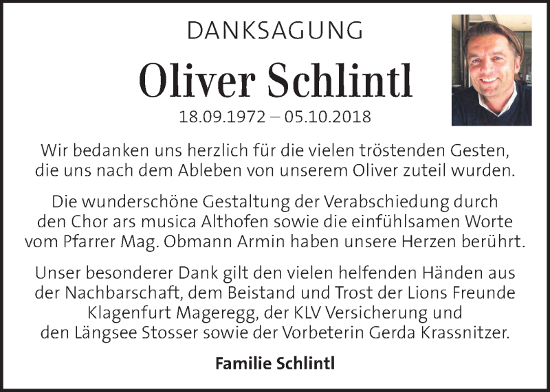  Traueranzeige für Oliver Schlintl vom 21.10.2018 aus Kleine Zeitung
