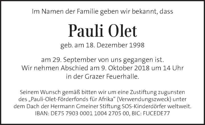  Traueranzeige für Pauli Olet vom 06.10.2018 aus Kleine Zeitung