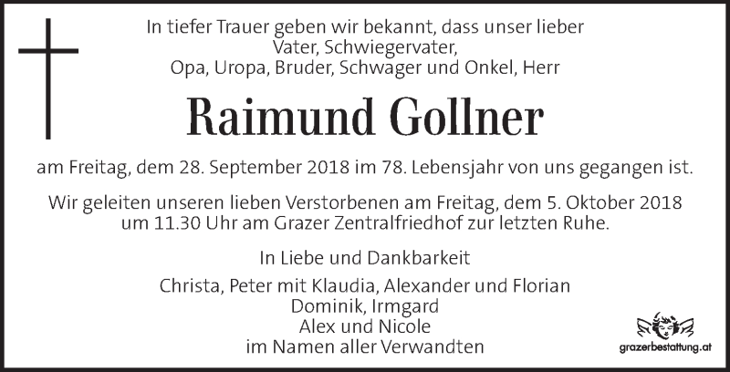  Traueranzeige für Raimund Gollner vom 03.10.2018 aus Kleine Zeitung