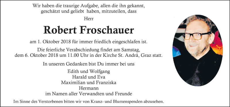  Traueranzeige für Robert Froschauer vom 05.10.2018 aus Kleine Zeitung