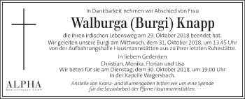 Traueranzeige von Walburga ( Burgi ) Knapp von Kleine Zeitung