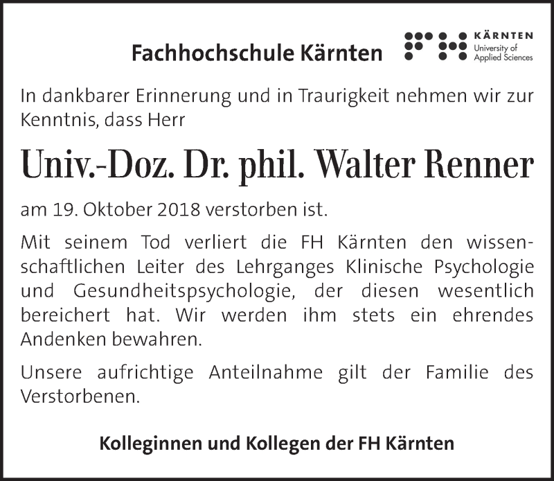  Traueranzeige für Walter Renner vom 24.10.2018 aus Kleine Zeitung