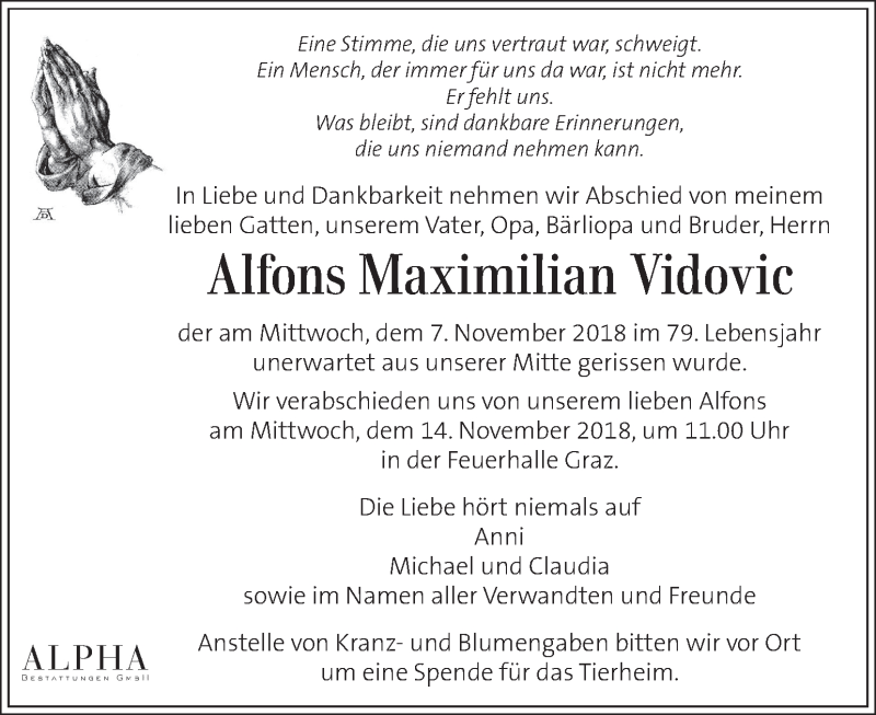  Traueranzeige für Alfons Maximilian Vidovic vom 09.11.2018 aus Kleine Zeitung