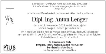 Traueranzeige von Anton Lenger von Kleine Zeitung